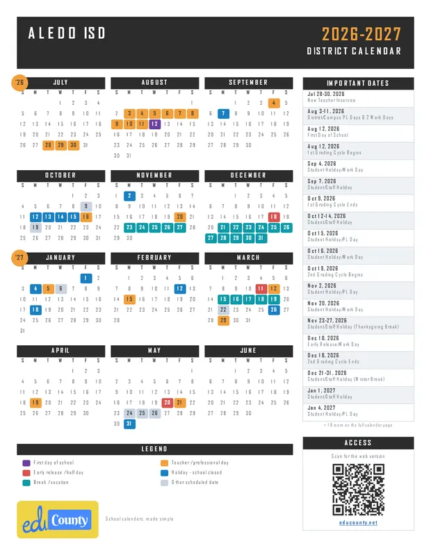 ALEDO ISD printable 2026-27 calendar