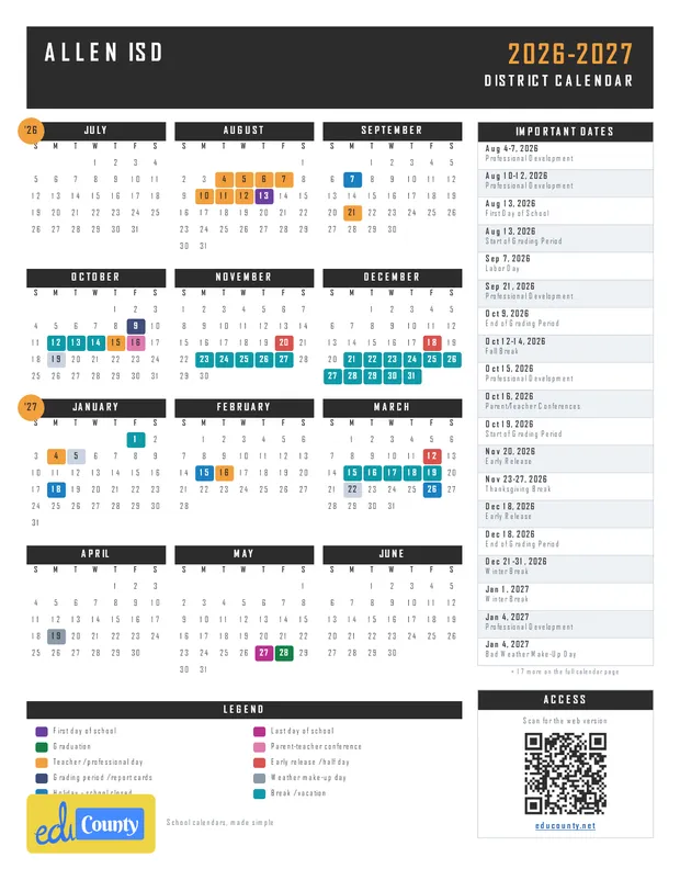 Allen ISD printable 2026-27 calendar