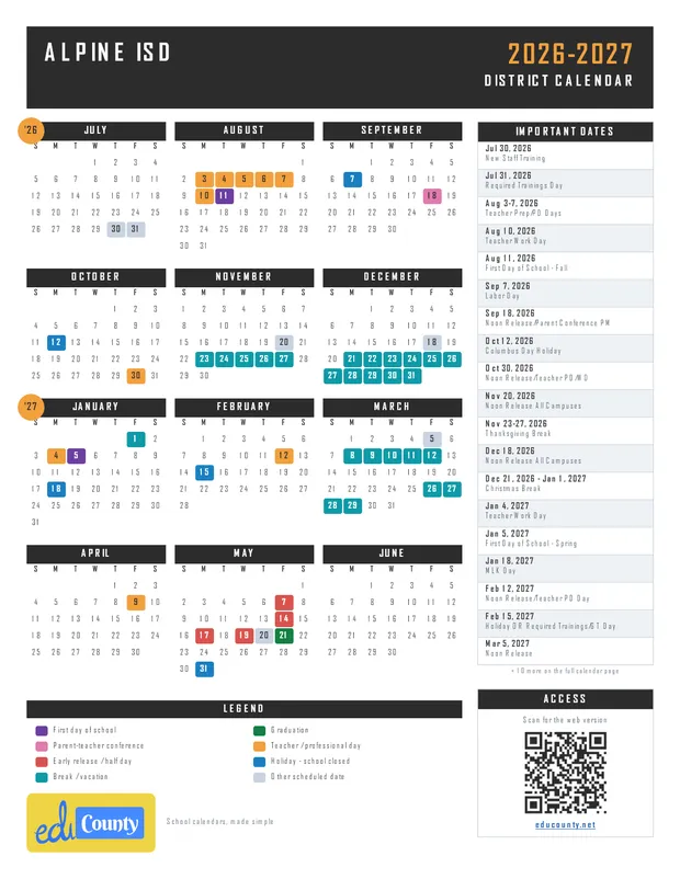 Alpine ISD printable 2026-27 calendar