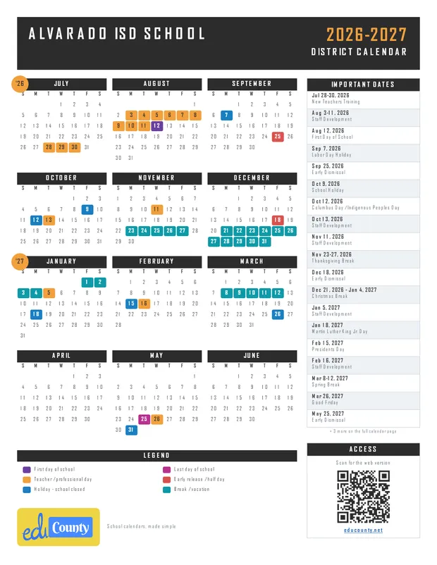 Alvarado ISD School printable 2026-27 calendar