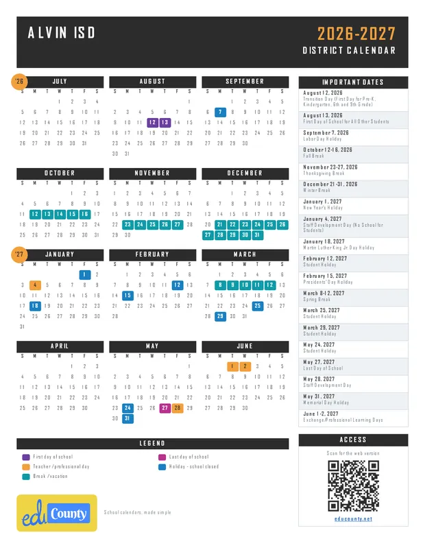 Alvin ISD printable 2026-27 calendar