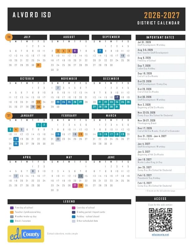 Alvord ISD printable 2026-27 calendar