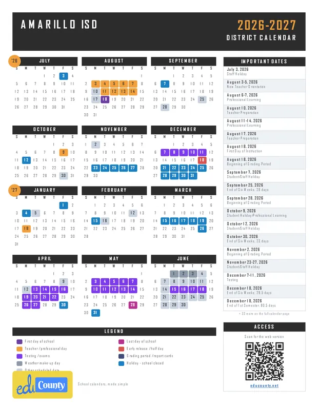 Amarillo ISD printable 2026-27 calendar