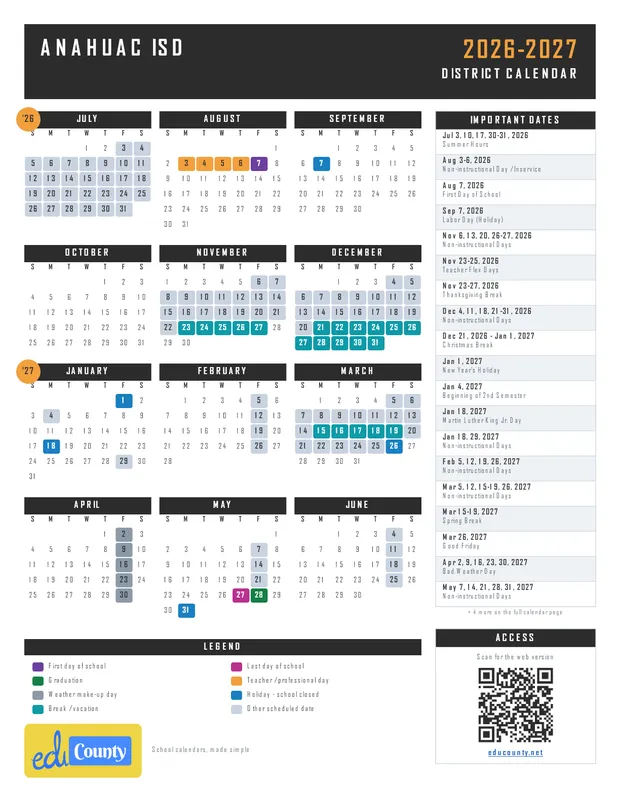 Anahuac ISD printable 2026-27 calendar