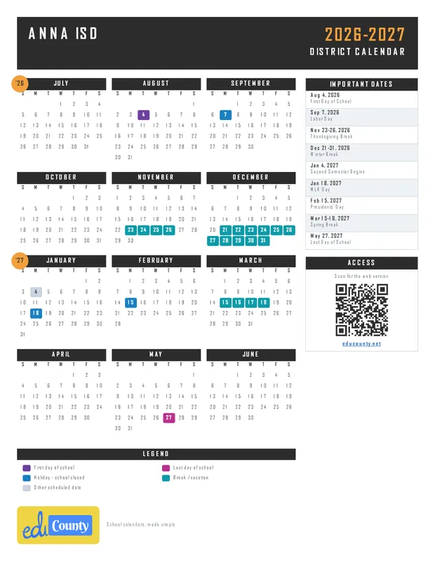 Anna ISD printable 2026-27 calendar