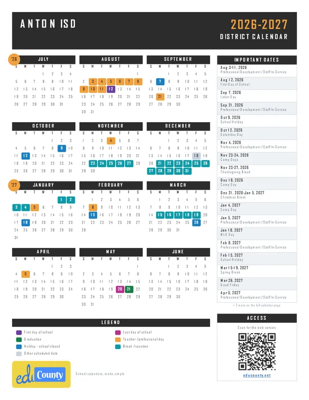 Anton ISD printable 2026-27 calendar
