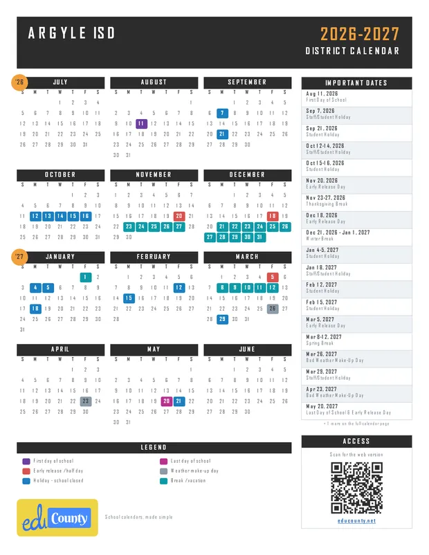 Argyle ISD printable 2026-27 calendar