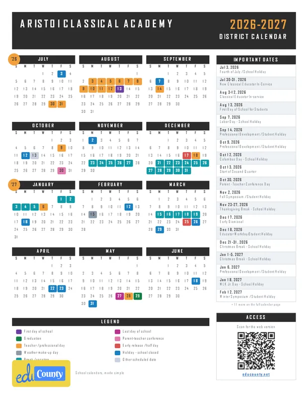 Aristoi Classical Academy printable 2026-27 calendar