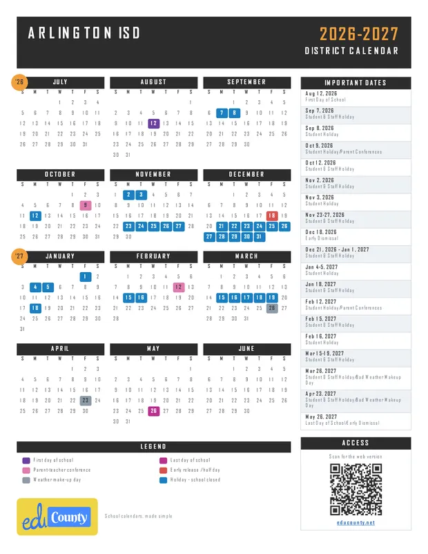 Arlington ISD Independent School District printable 2026-27 calendar