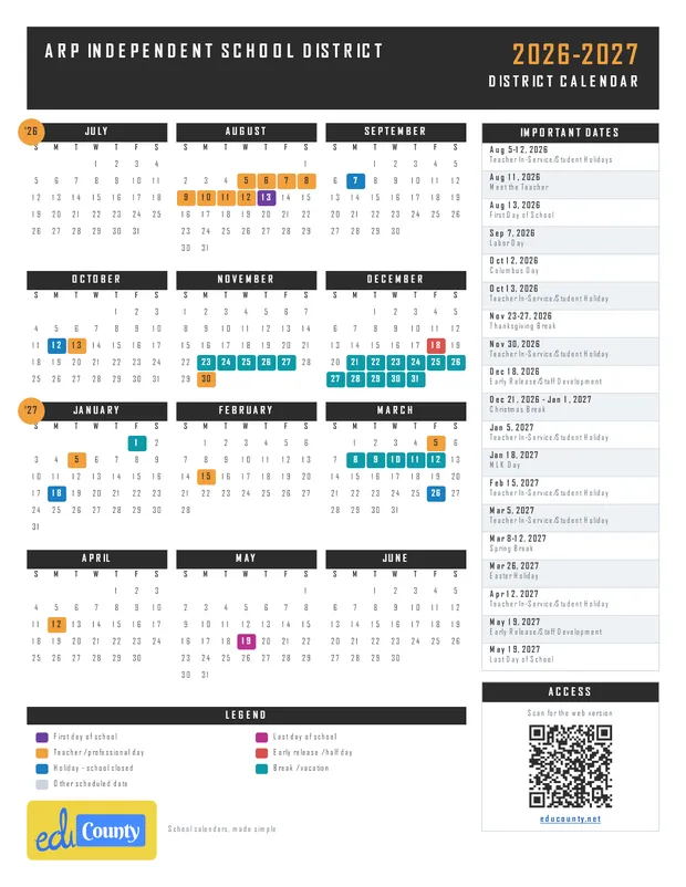 Arp Independent School District printable 2026-27 calendar