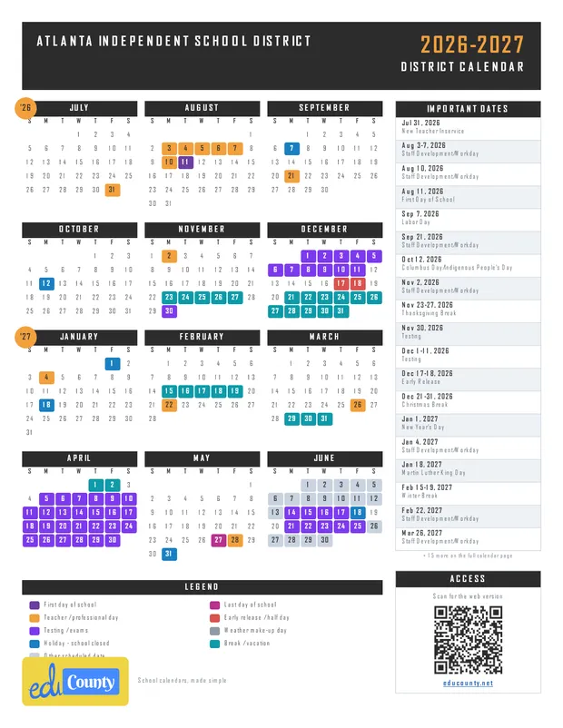 Atlanta Independent School District printable 2026-27 calendar