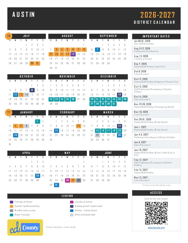 Austin printable 2026-27 calendar