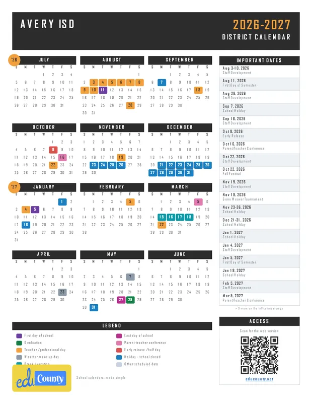 Avery ISD printable 2026-27 calendar