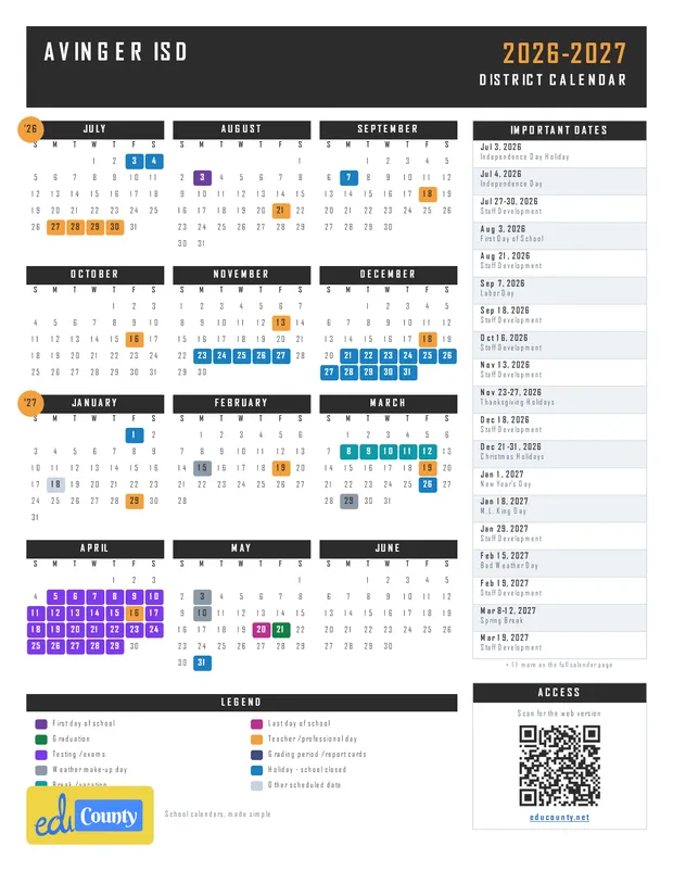 Avinger ISD printable 2026-27 calendar