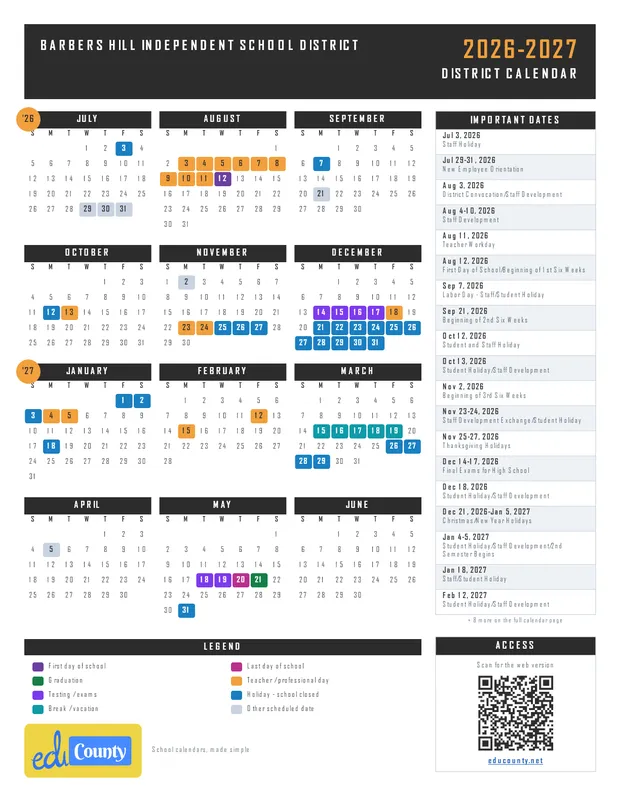 Barbers Hill Independent School District printable 2026-27 calendar