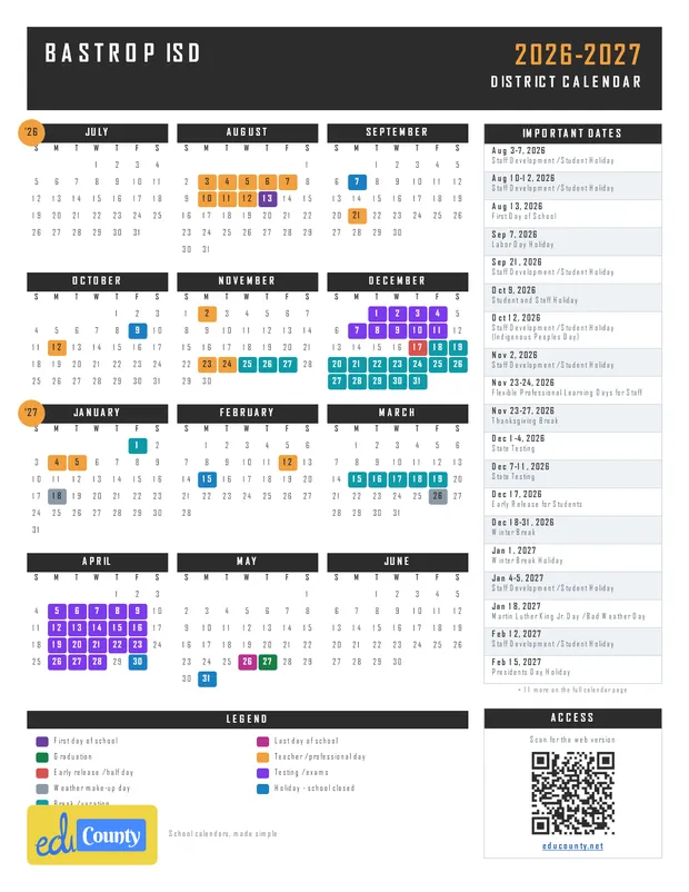 Bastrop ISD printable 2026-27 calendar