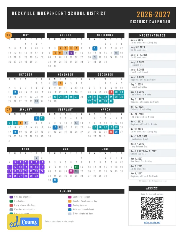 Beckville Independent School District printable 2026-27 calendar