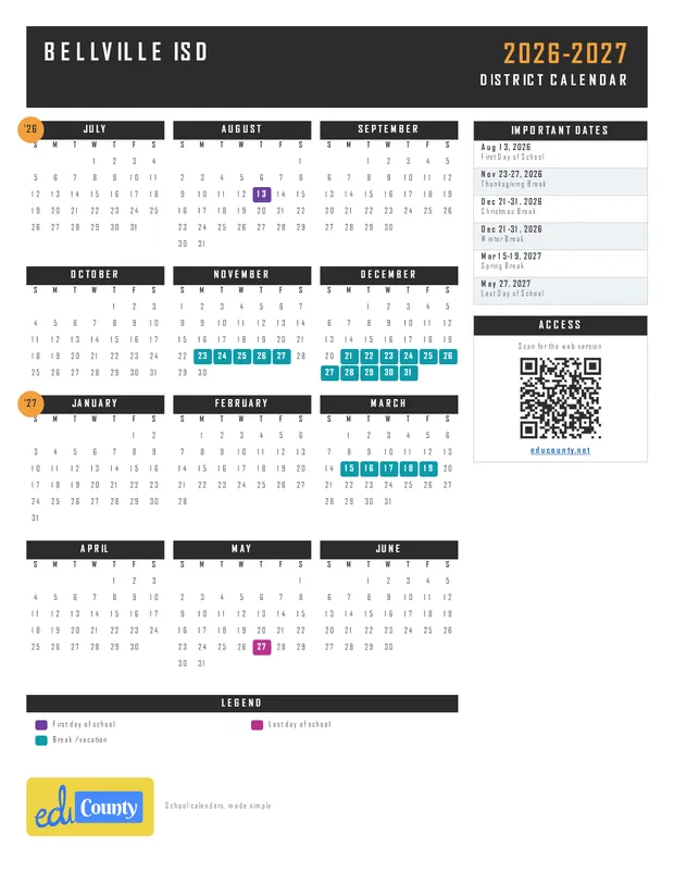 Bellville ISD printable 2026-27 calendar