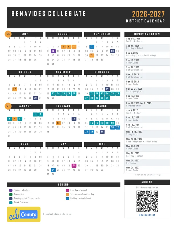 Benavides Collegiate printable 2026-27 calendar