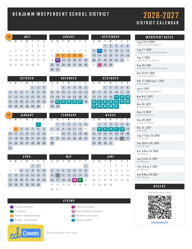 Benjamin Independent School District printable 2026-27 calendar