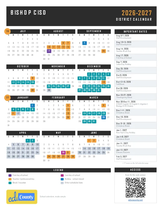 Bishop CISD printable 2026-27 calendar