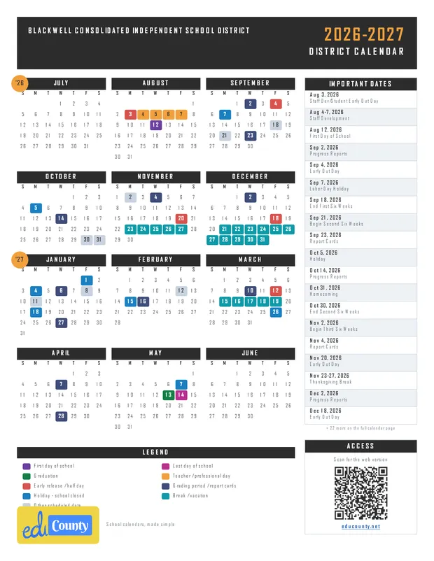 Blackwell Consolidated Independent School District printable 2026-27 calendar