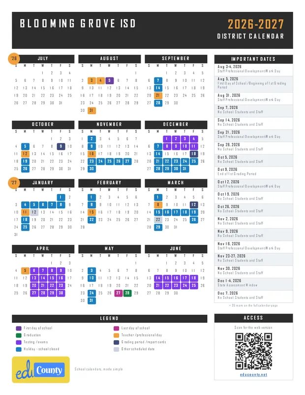 Blooming Grove ISD printable 2026-27 calendar