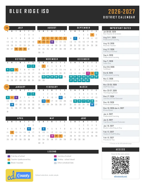 Blue Ridge ISD printable 2026-27 calendar