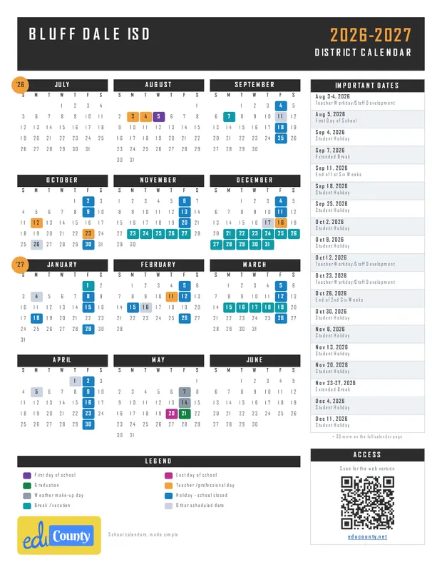 Bluff Dale ISD printable 2026-27 calendar