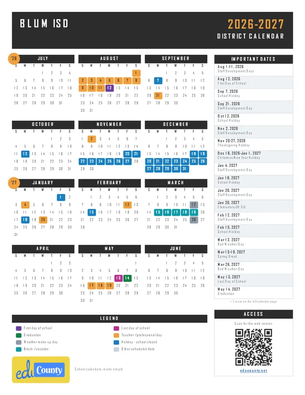 Blum ISD printable 2026-27 calendar