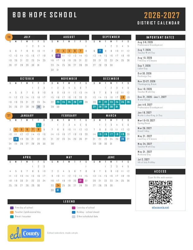 Bob Hope School printable 2026-27 calendar