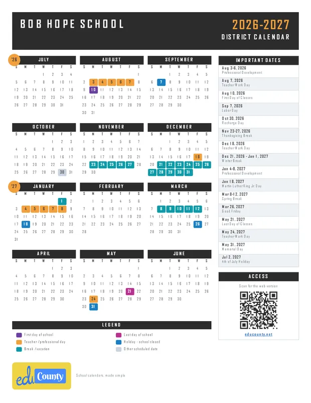 Bob Hope School printable 2026-27 calendar