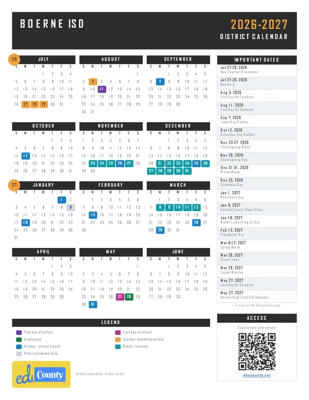 Boerne ISD printable 2026-27 calendar