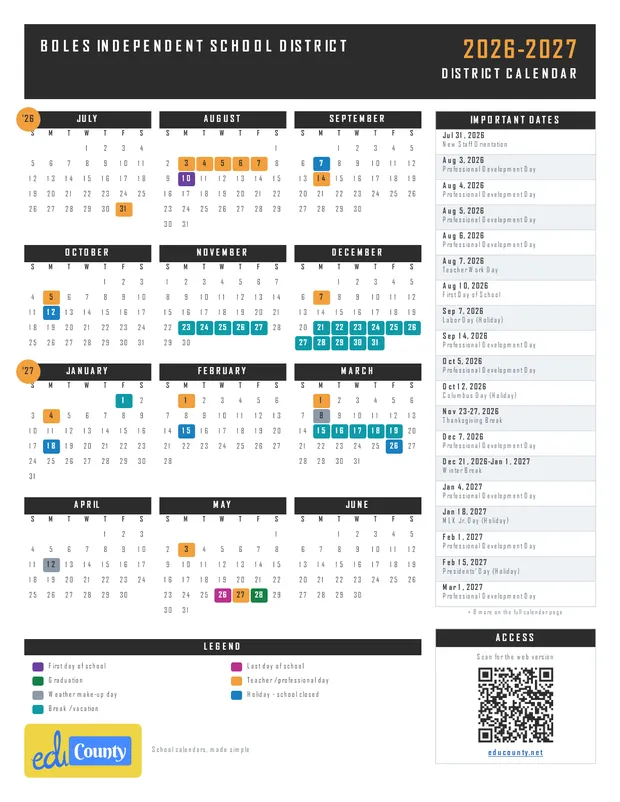 Boles Independent School District printable 2026-27 calendar