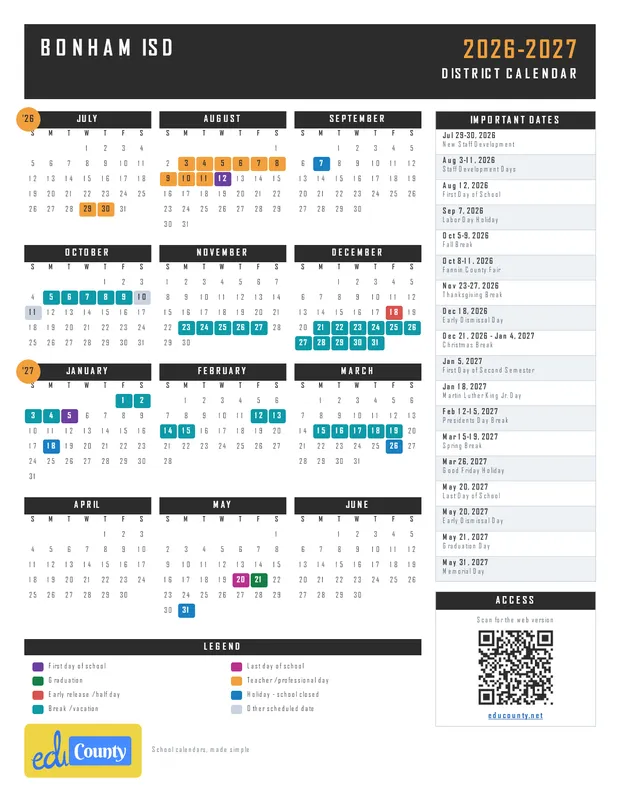 Bonham ISD printable 2026-27 calendar