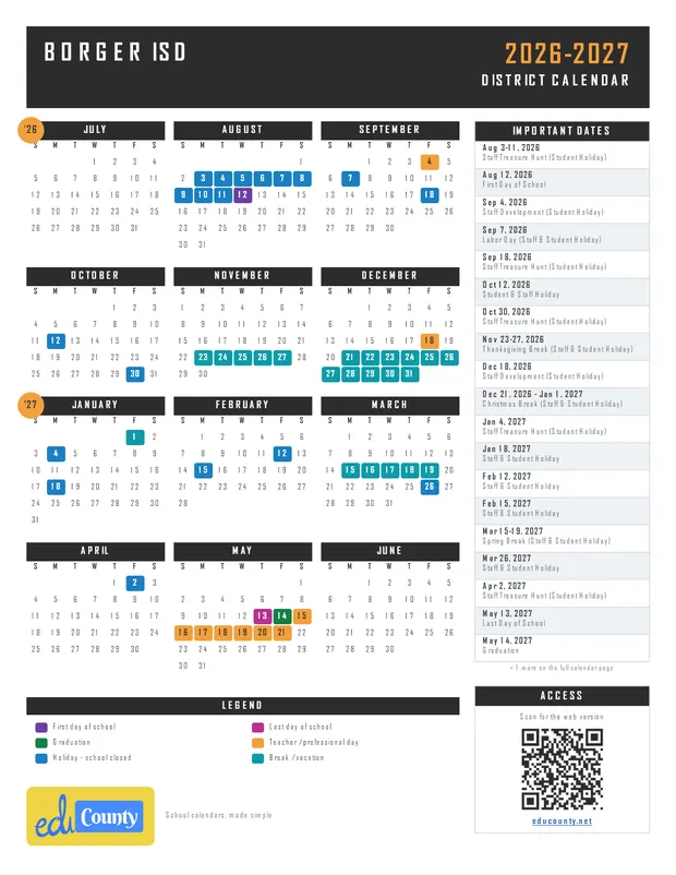 Borger ISD printable 2026-27 calendar