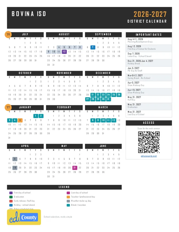 Bovina ISD printable 2026-27 calendar