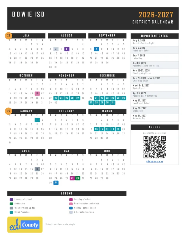 Bowie ISD printable 2026-27 calendar
