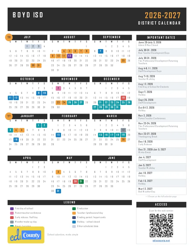 BOYD ISD printable 2026-27 calendar