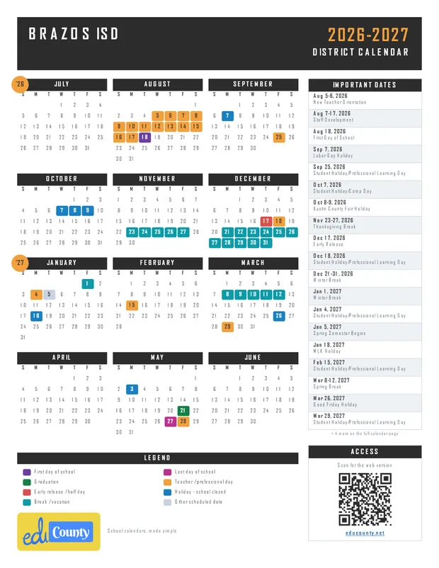 BRAZOS ISD printable 2026-27 calendar