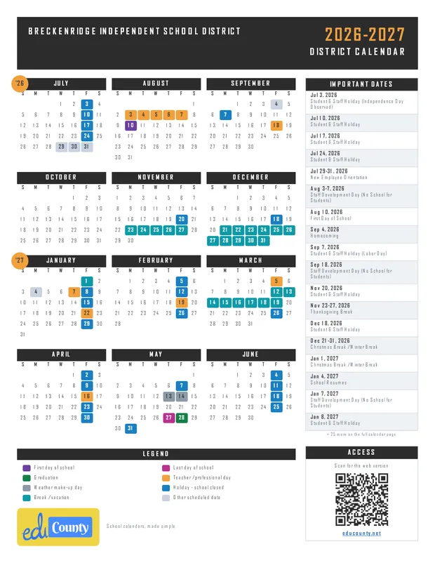 Breckenridge Independent School District printable 2026-27 calendar