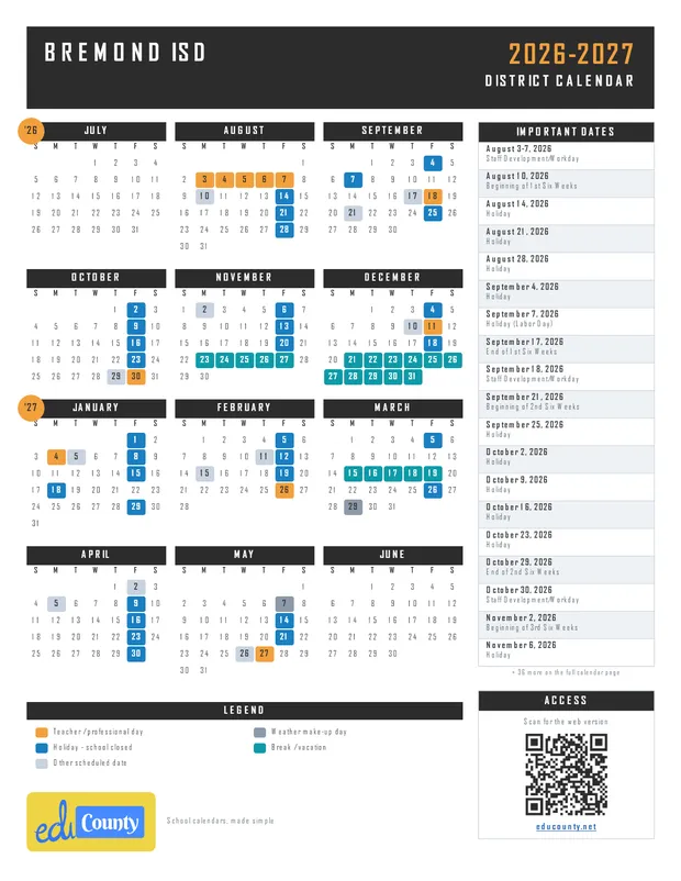 Bremond ISD printable 2026-27 calendar