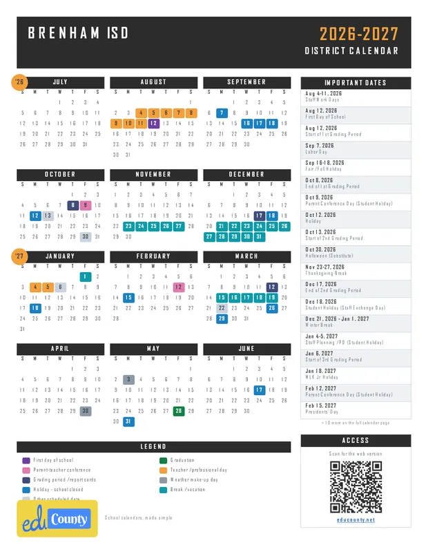 Brenham ISD Independent School District printable 2026-27 calendar