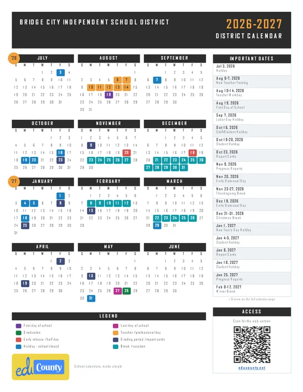 Bridge City Independent School District printable 2026-27 calendar