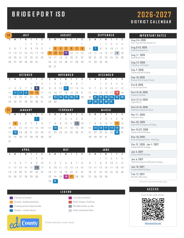 Bridgeport ISD printable 2026-27 calendar