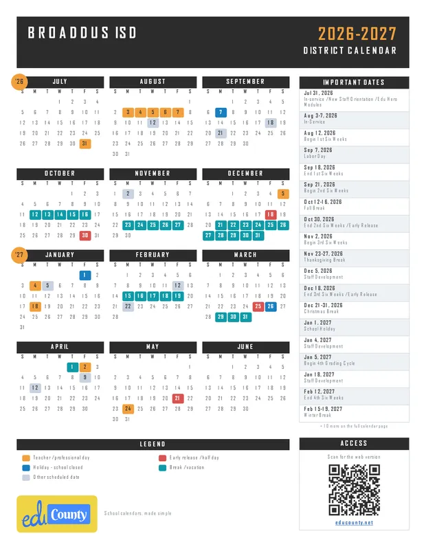 Broaddus ISD printable 2026-27 calendar