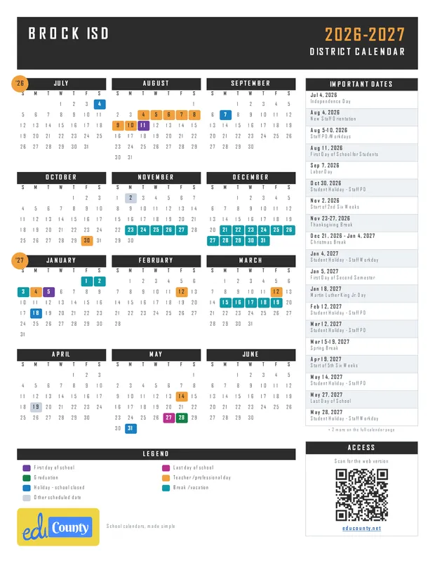 Brock ISD printable 2026-27 calendar