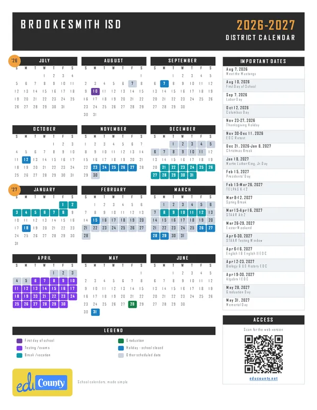 Brookesmith ISD printable 2026-27 calendar
