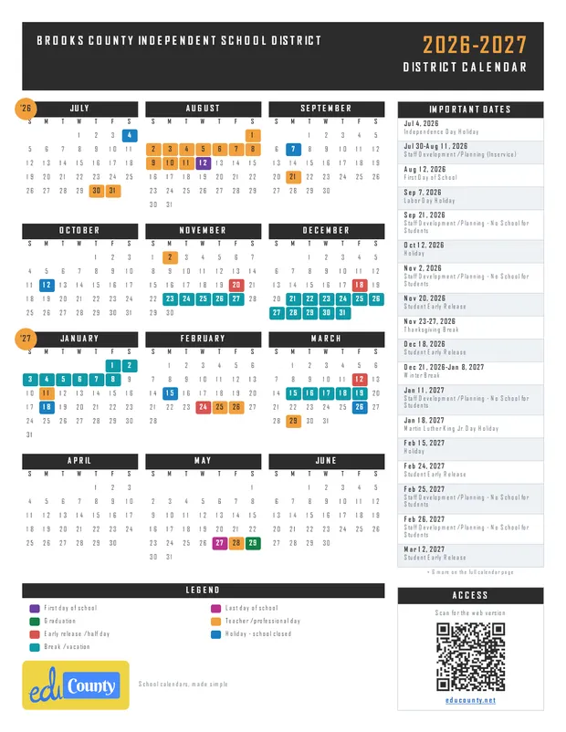 Brooks County Independent School District printable 2026-27 calendar