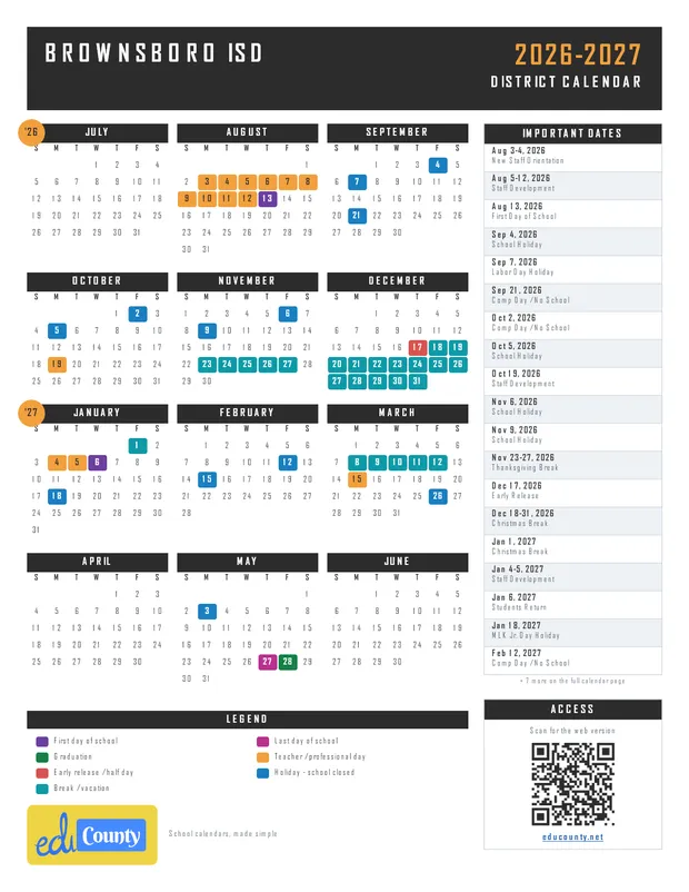Brownsboro ISD printable 2026-27 calendar